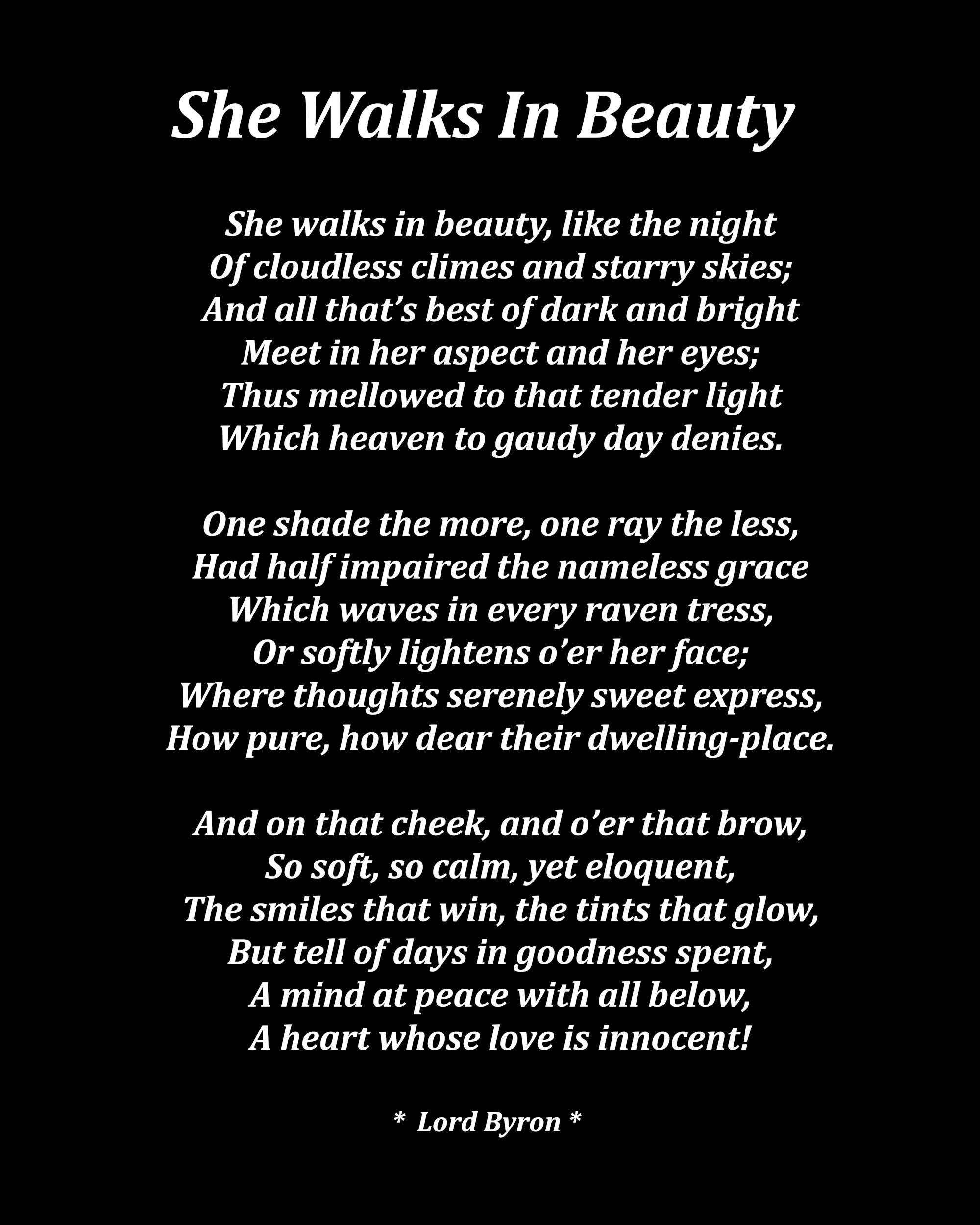 She Walks In Beauty Poem by Lord Byron, Typography Print