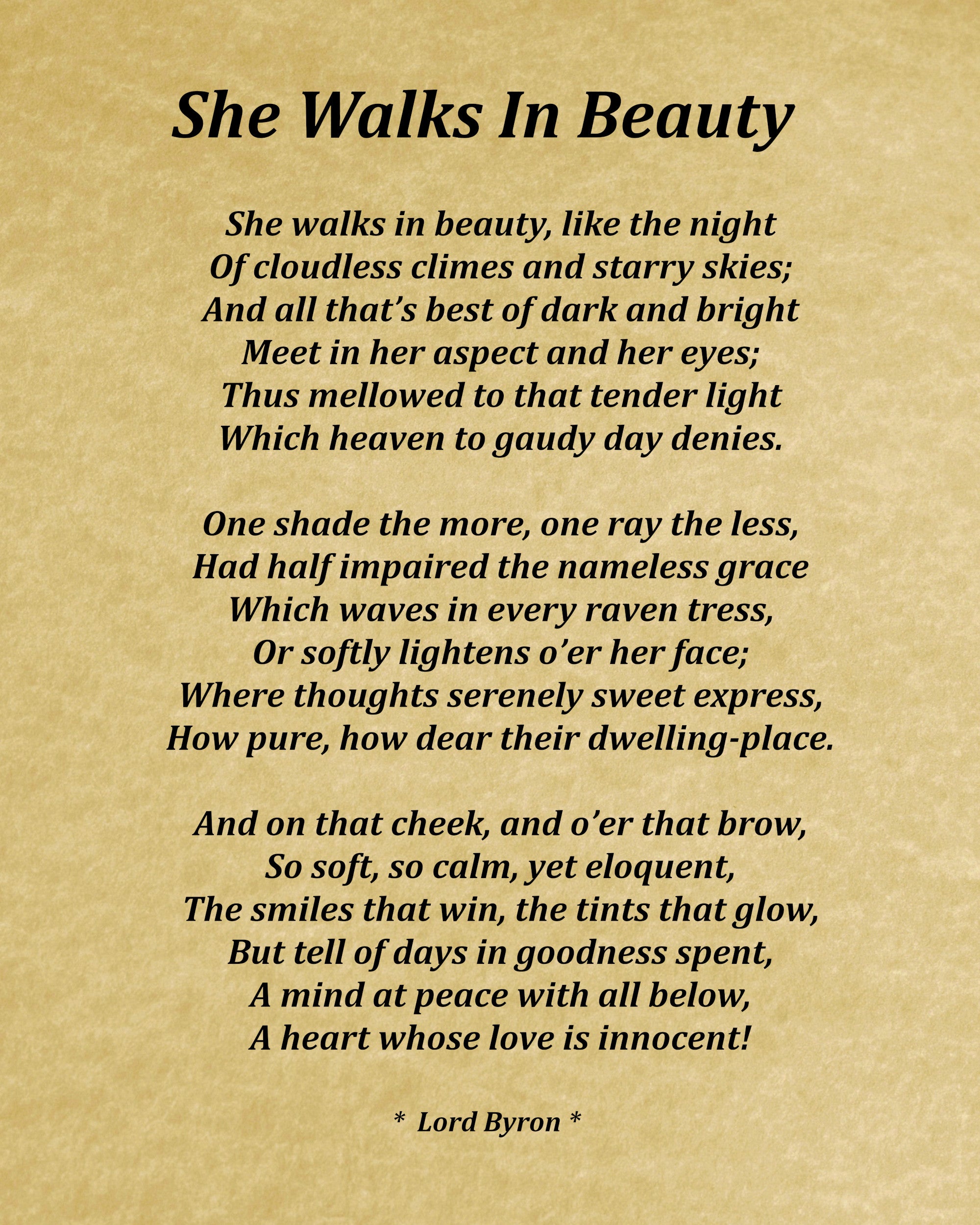 She Walks In Beauty Poem by Lord Byron, Typography Print