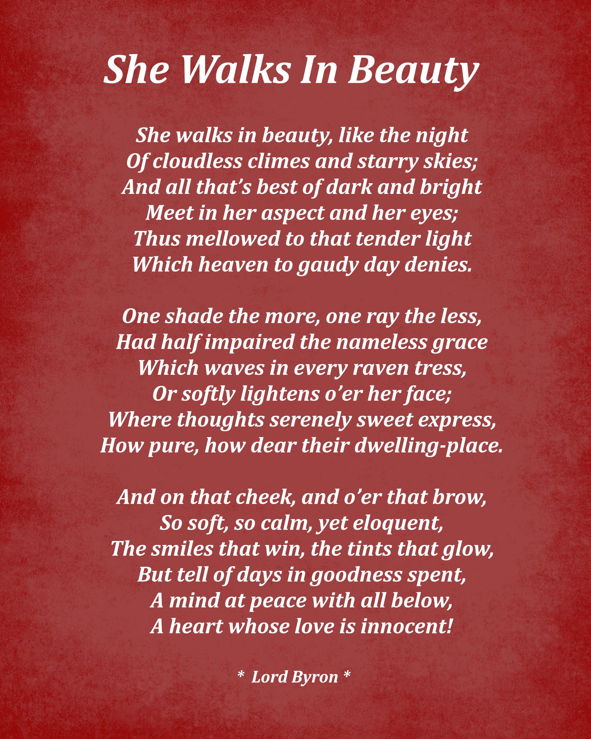 She Walks In Beauty Poem by Lord Byron, Typography Print