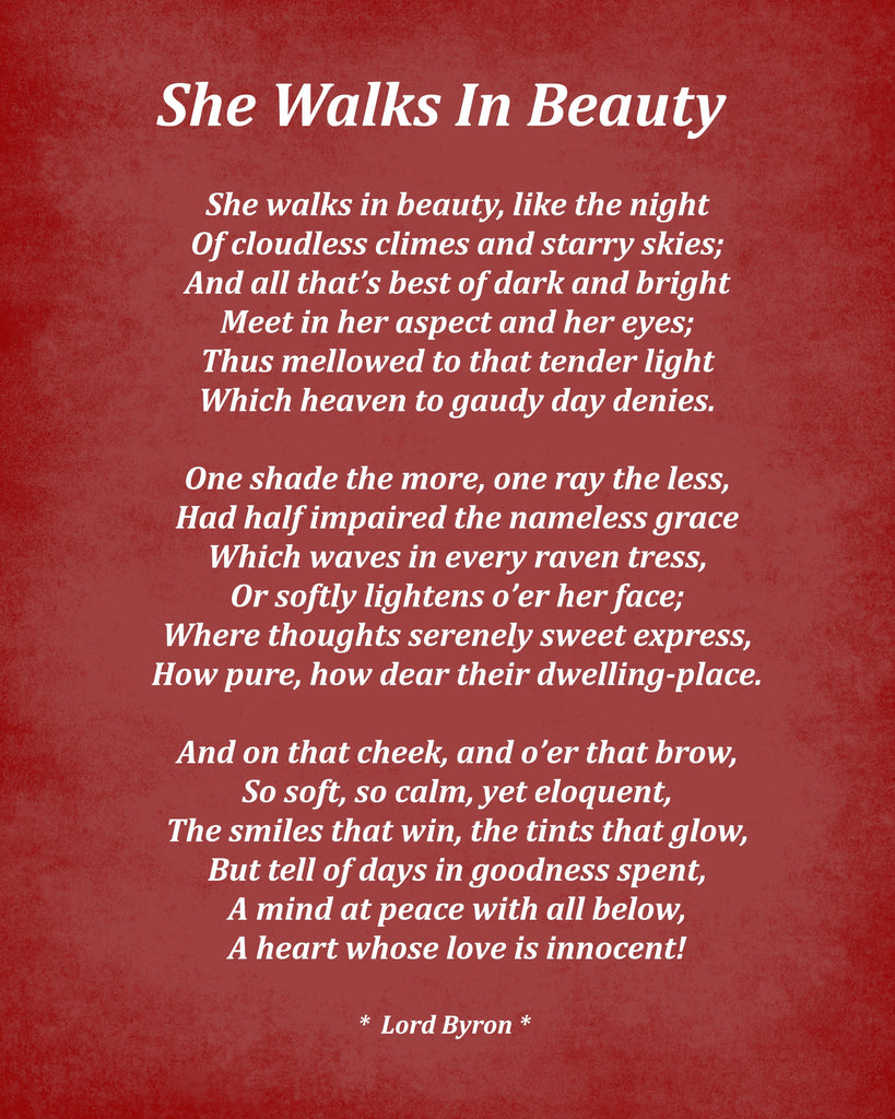 She Walks In Beauty Poem by Lord Byron, Typography Print