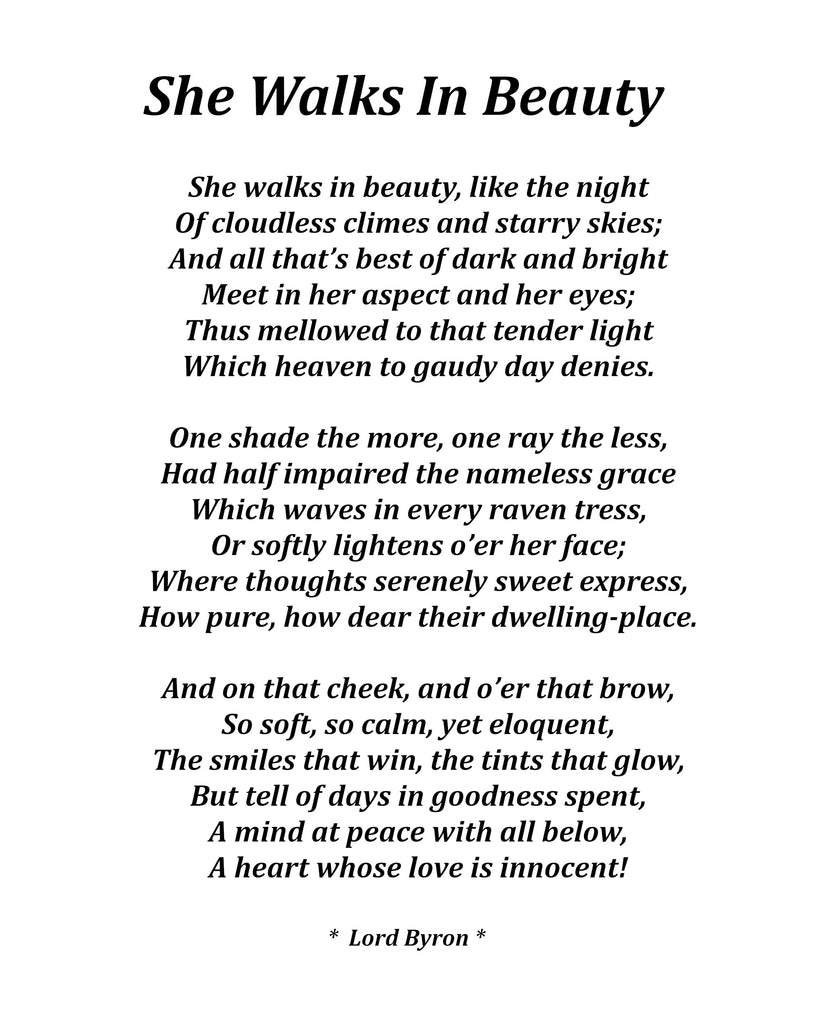 She Walks In Beauty Poem by Lord Byron, Typography Print