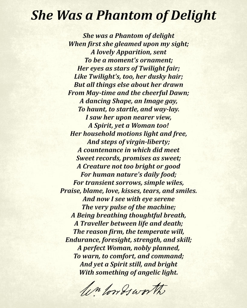 She Was a Phantom of Delight, Poem by William Wordsworth, Typography Print