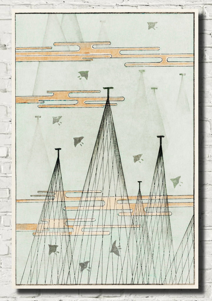 Skyscape with Birds Flying, Japanese illustration, Watanabe Shōtei Print
