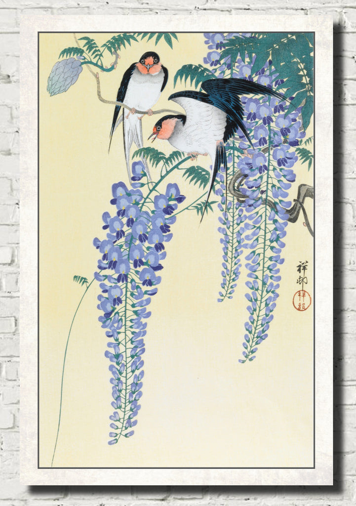Ohara Koson Japanese Fine Art Print, Swallows and Wisteria