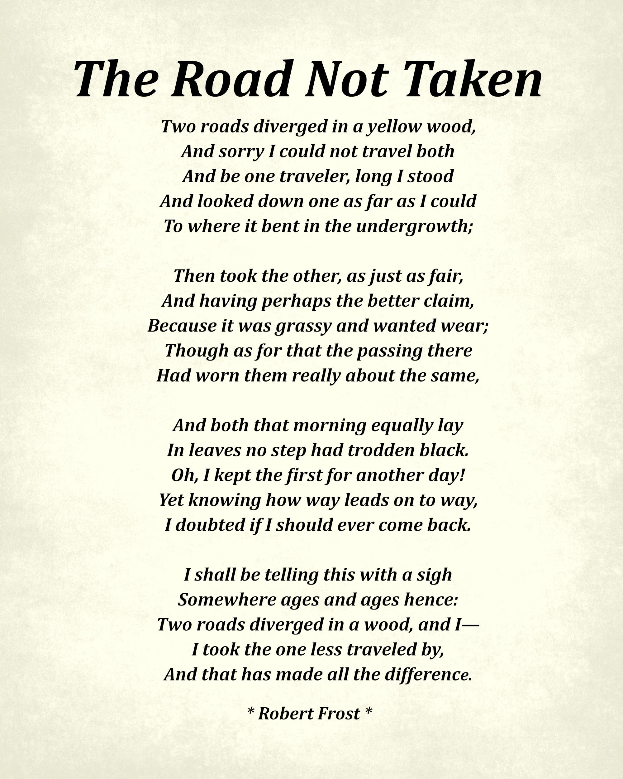 The Road Not Taken Poem by Robert Frost, Typography Print