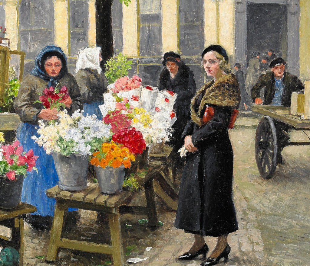 Paul Gustav Fischer Fine Art Print, The flower market at Højbro Plads, Copenhagen