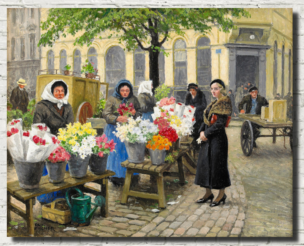 Paul Gustav Fischer Fine Art Print, The flower market at Højbro Plads, Copenhagen