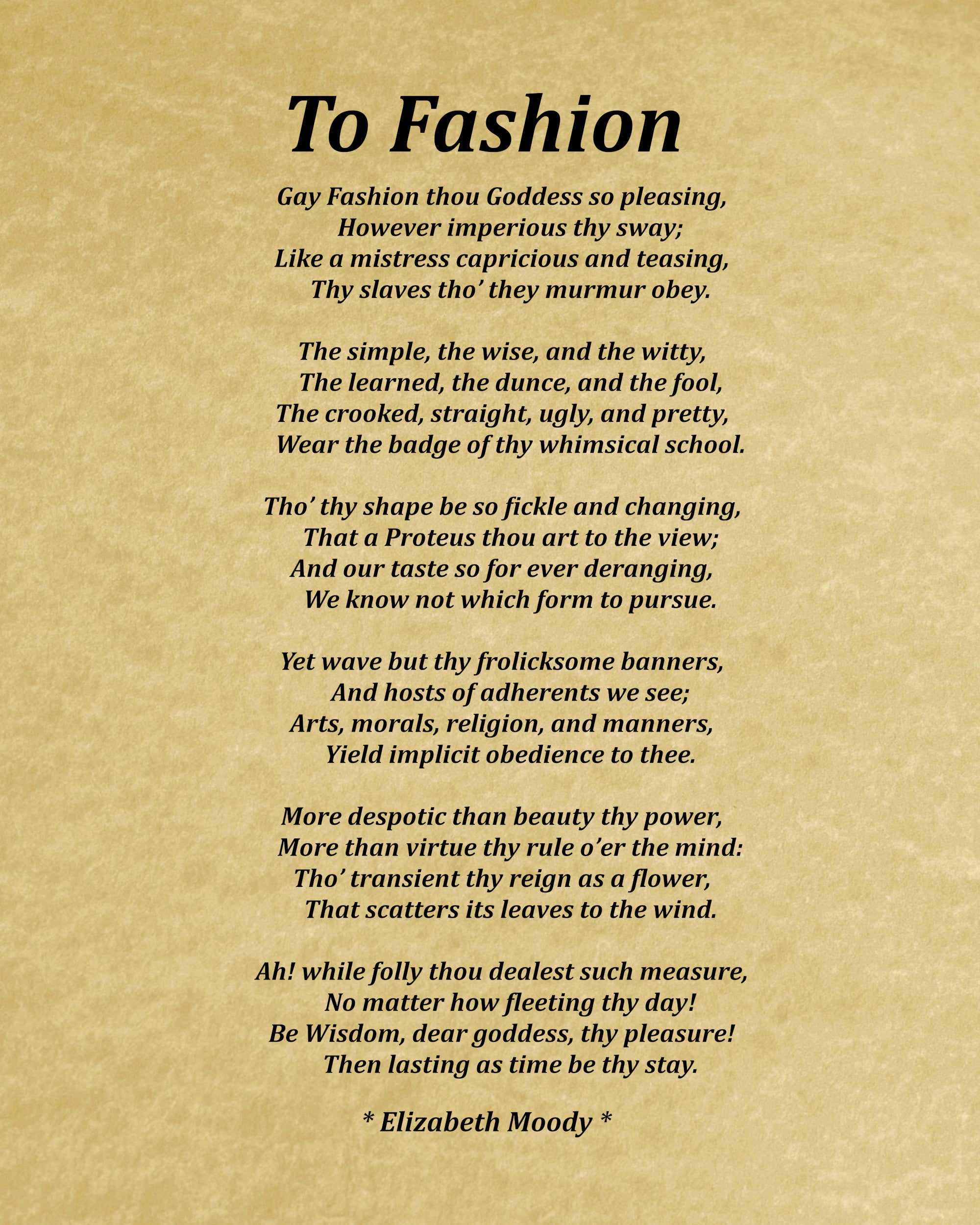 To Fashion Poem by Elizabeth Moody, Typography Print