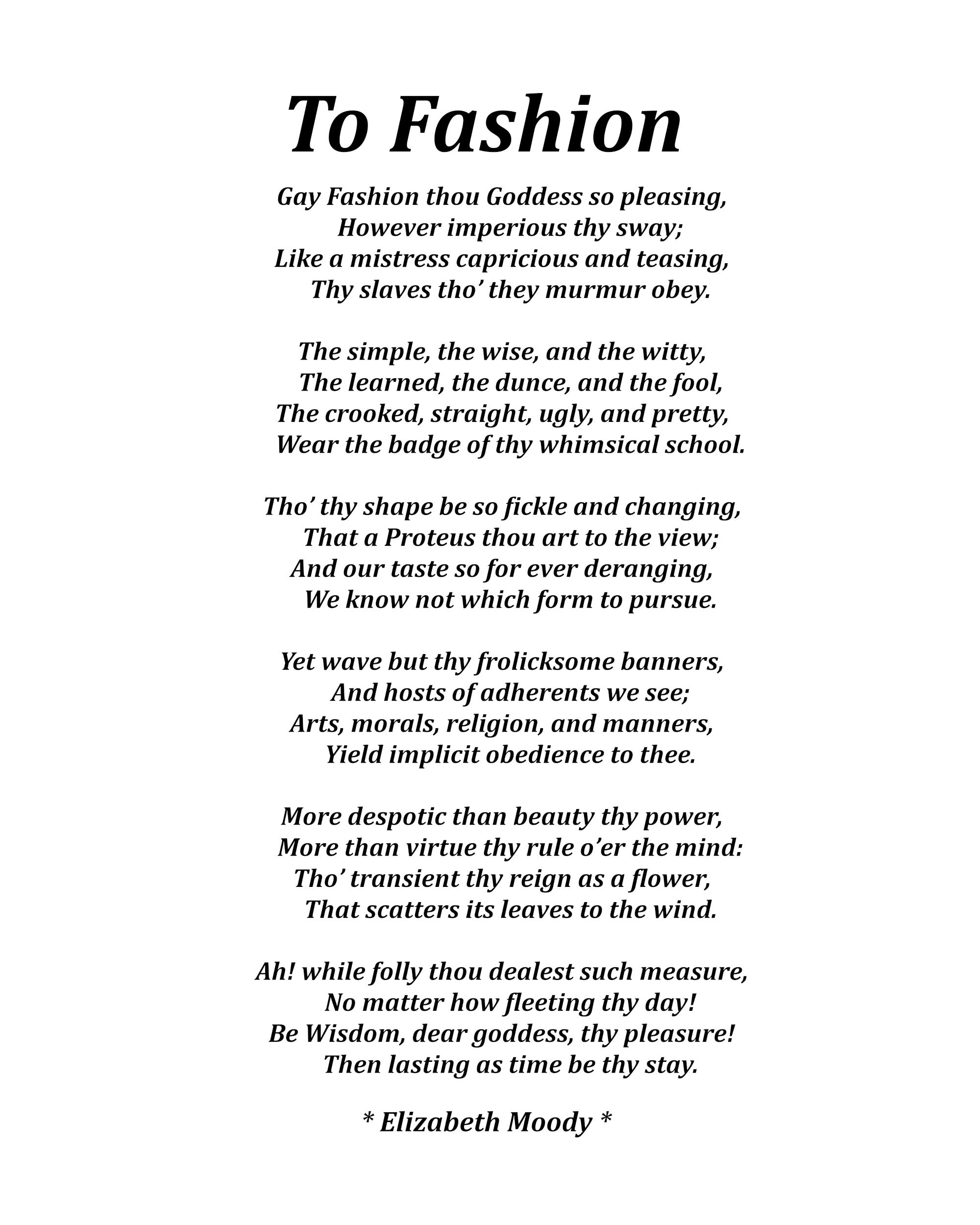 To Fashion Poem by Elizabeth Moody, Typography Print