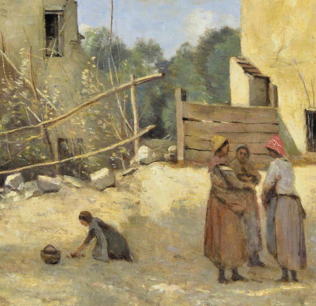 Jean-Baptiste-Camille Corot Fine Art Print, Three peasant women chatting in a rustic courtyard