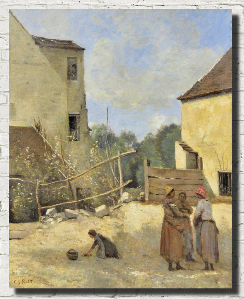 Jean-Baptiste-Camille Corot Fine Art Print, Three peasant women chatting in a rustic courtyard