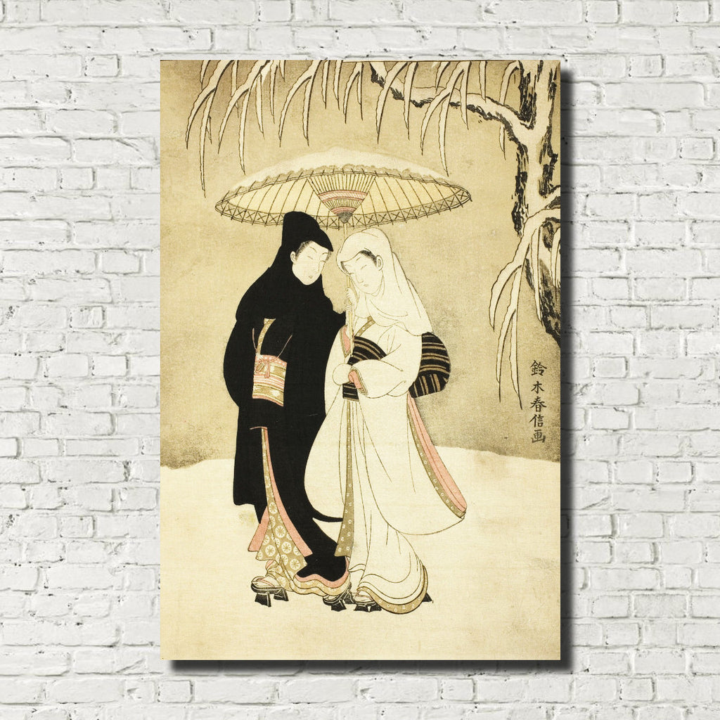 Suzuki Harunobu, Japanese Art Print : Two Lovers Beneath Umbrella in Snow
