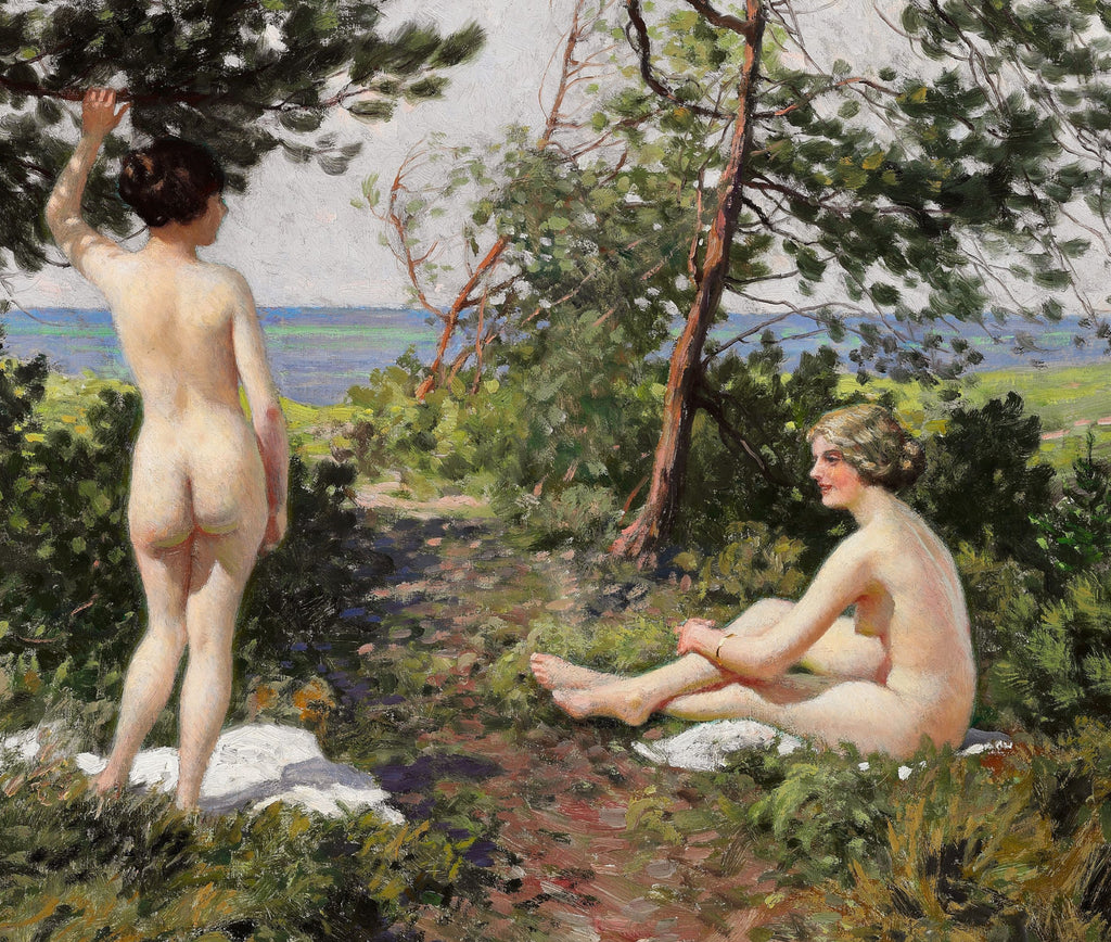 Paul Gustav Fischer Fine Art Print, Two bathing girls in the bushes near the coast of Hornbæk