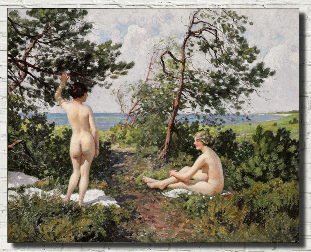 Paul Gustav Fischer Fine Art Print, Two bathing girls in the bushes near the coast of Hornbæk
