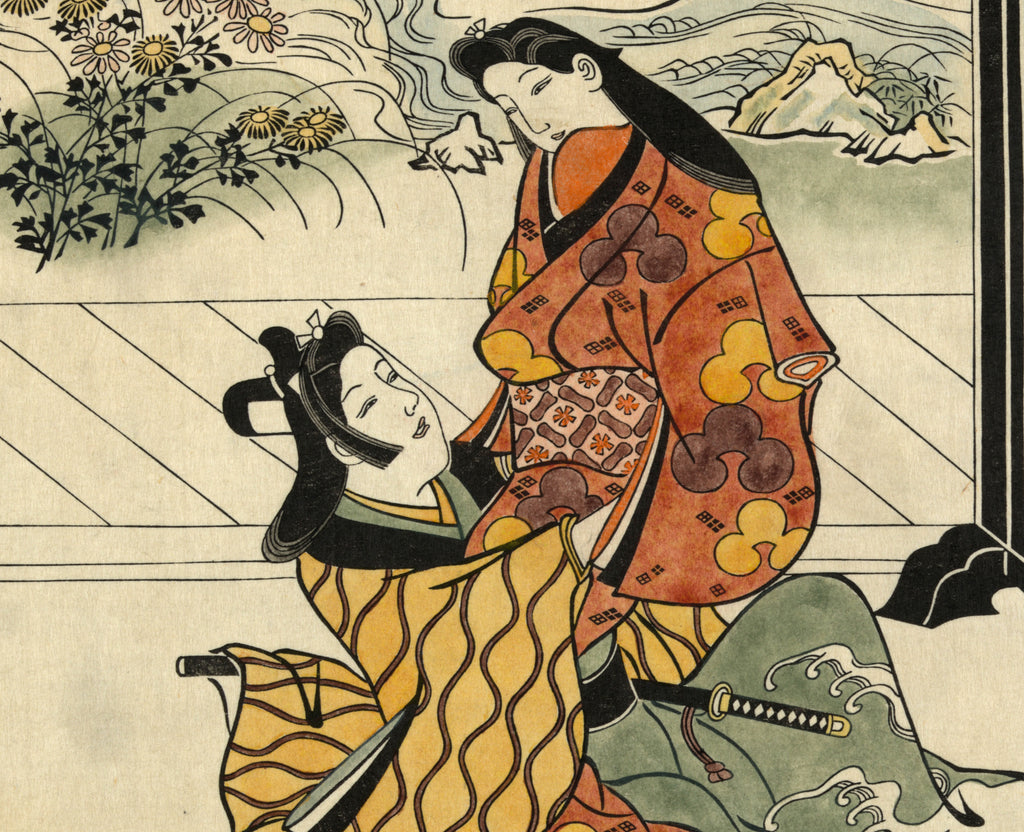Hishikawa Moronobu Japanese Print, Two lovers embracing in front of a painted screen