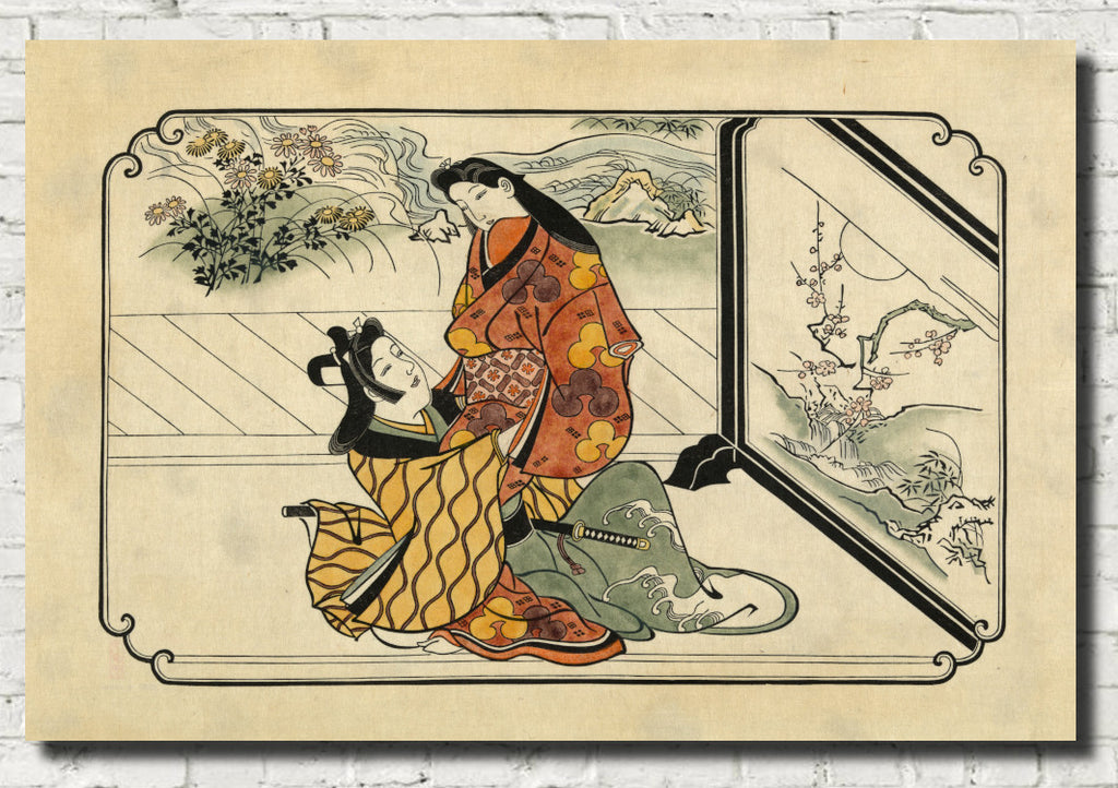 Hishikawa Moronobu Japanese Print, Two lovers embracing in front of a painted screen