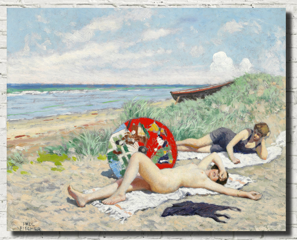 Paul Gustav Fischer Fine Art Print, Two young women and a Japanese parasol on Hornbæk beach