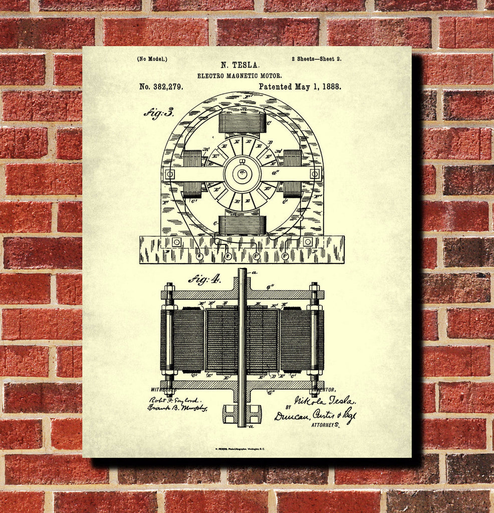 Nikola Tesla Patent Vintage Print Electrical Blueprint Poster