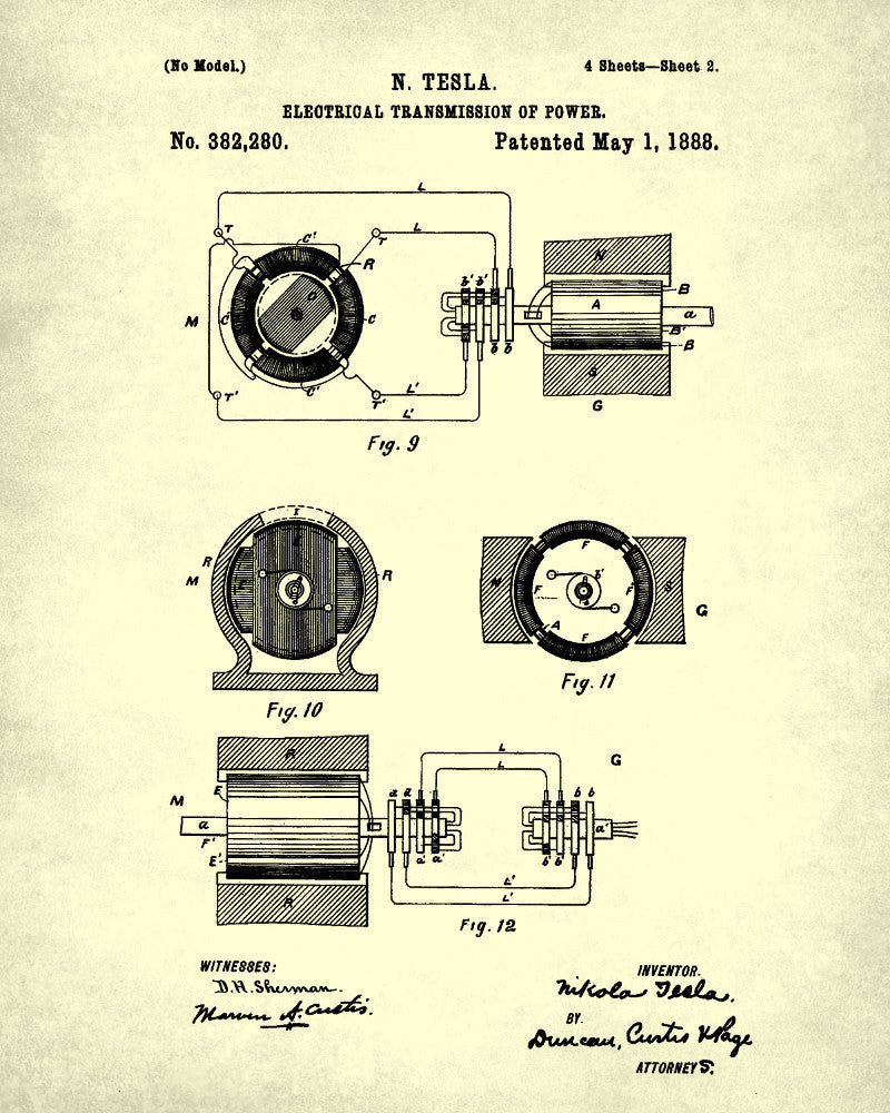 Nikola Tesla Patent Print Electrical Design Blueprint Poster