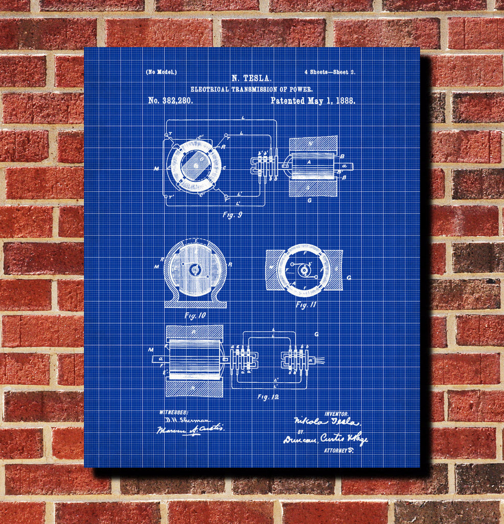 Nikola Tesla Patent Print Electrical Design Blueprint Poster