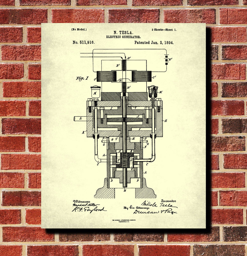 Nikola Tesla Patent Print Vintage Blueprint Electrical Design Poster