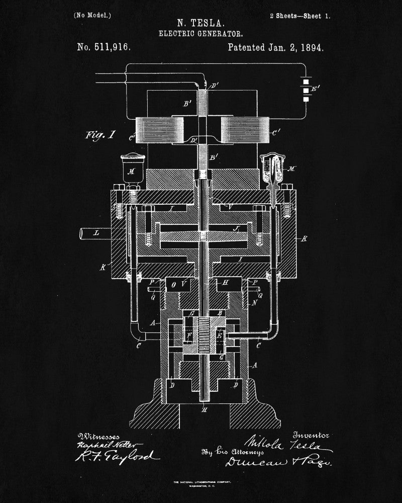 Nikola Tesla Patent Print Vintage Blueprint Electrical Design Poster