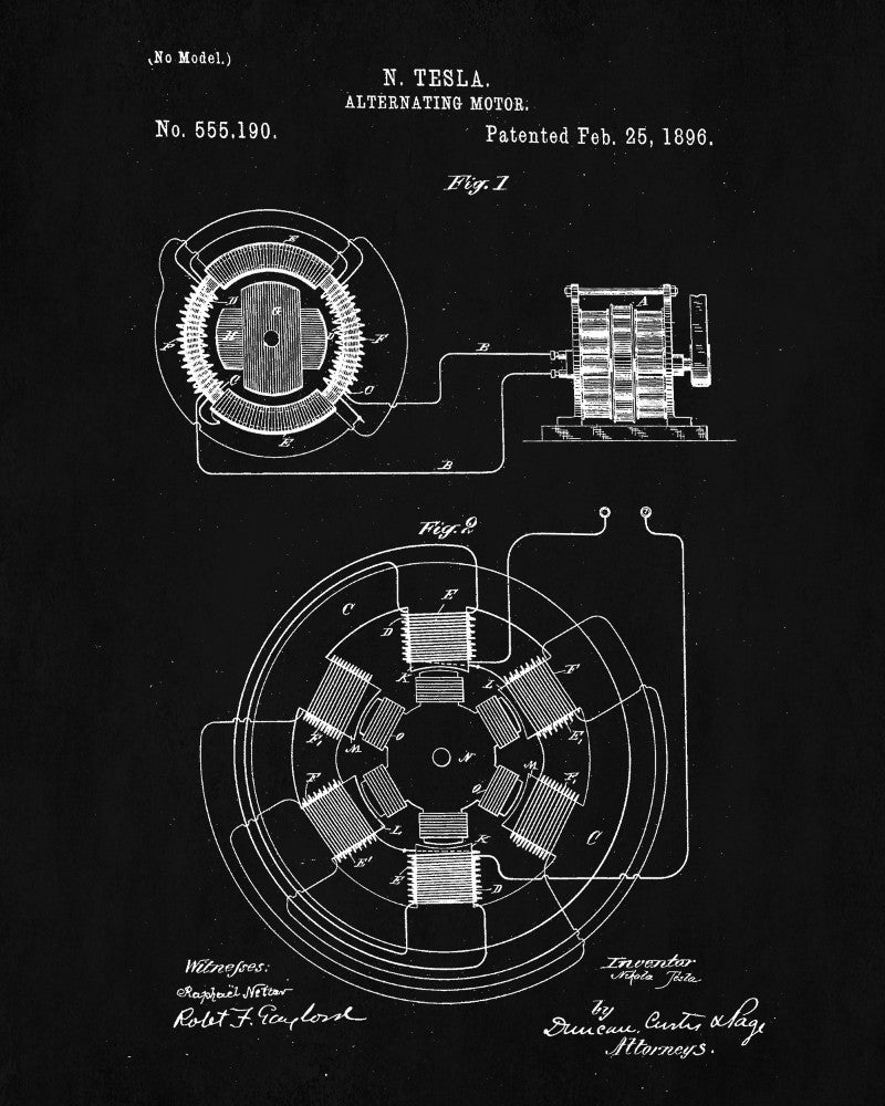 Nikola Tesla Patent Print Vintage Blueprint Design Electrical Poster