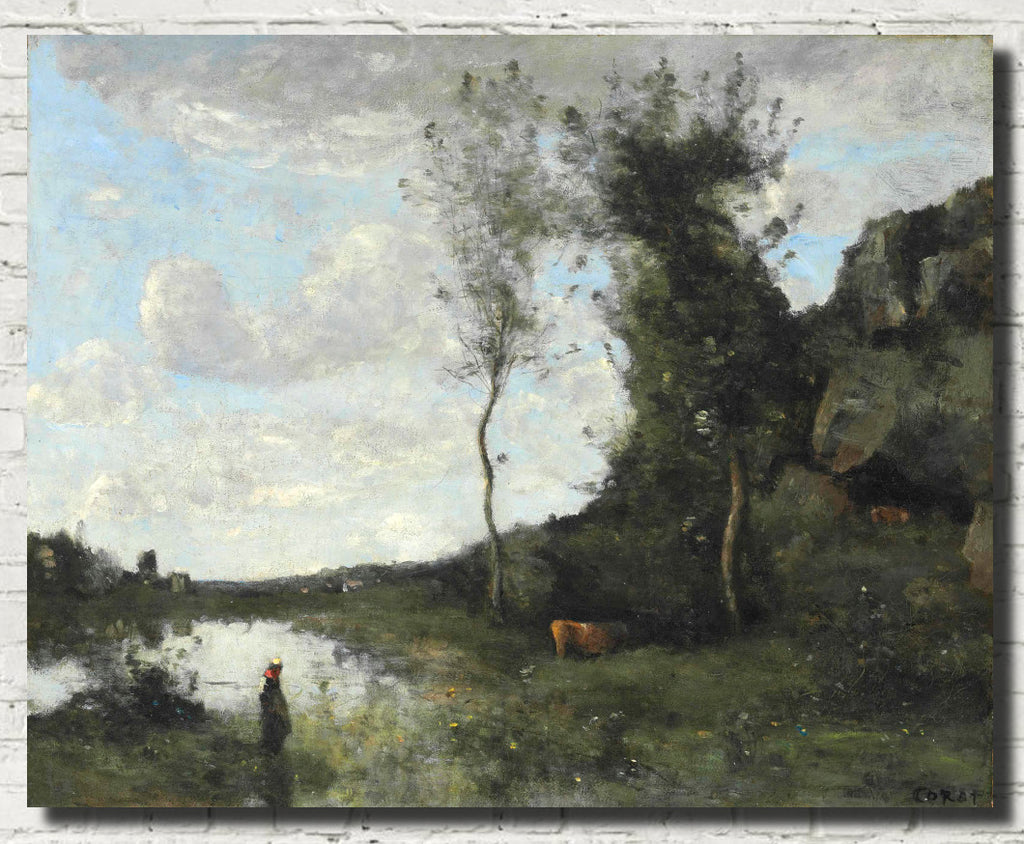 Jean-Baptiste-Camille Corot Fine Art Print, Girl and her cow at the pond 