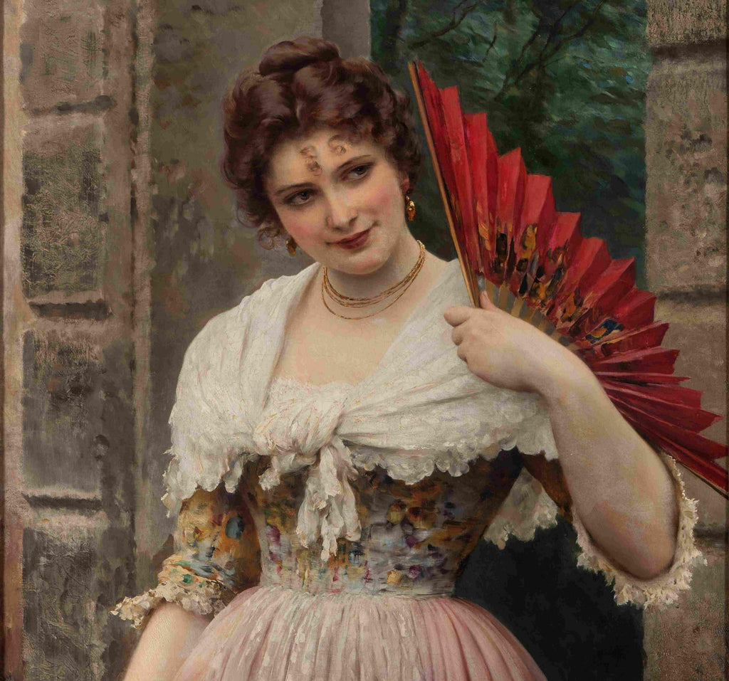 Eugene de Blaas Fine Art Print, Woman with red fan