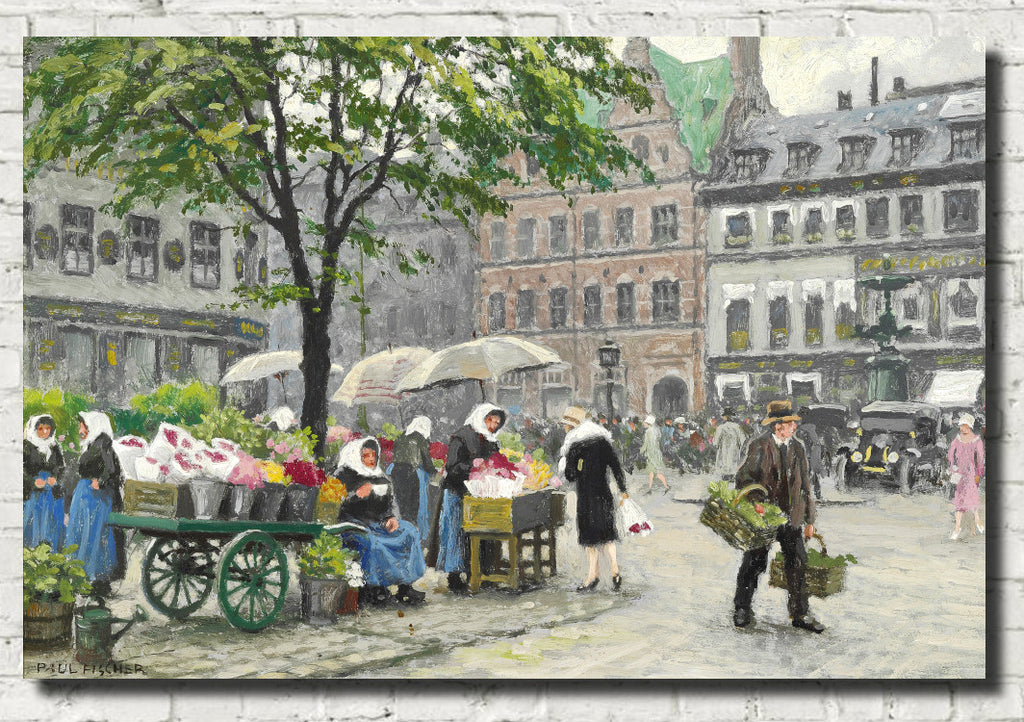 Paul Gustav Fischer Fine Art Print, Women selling flowers at Højbro Plads