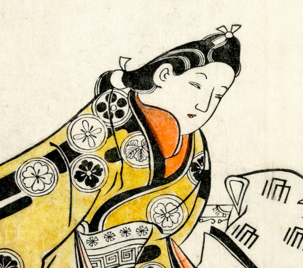 Hishikawa Moronobu Japanese Print, Young woman and naked man on rug