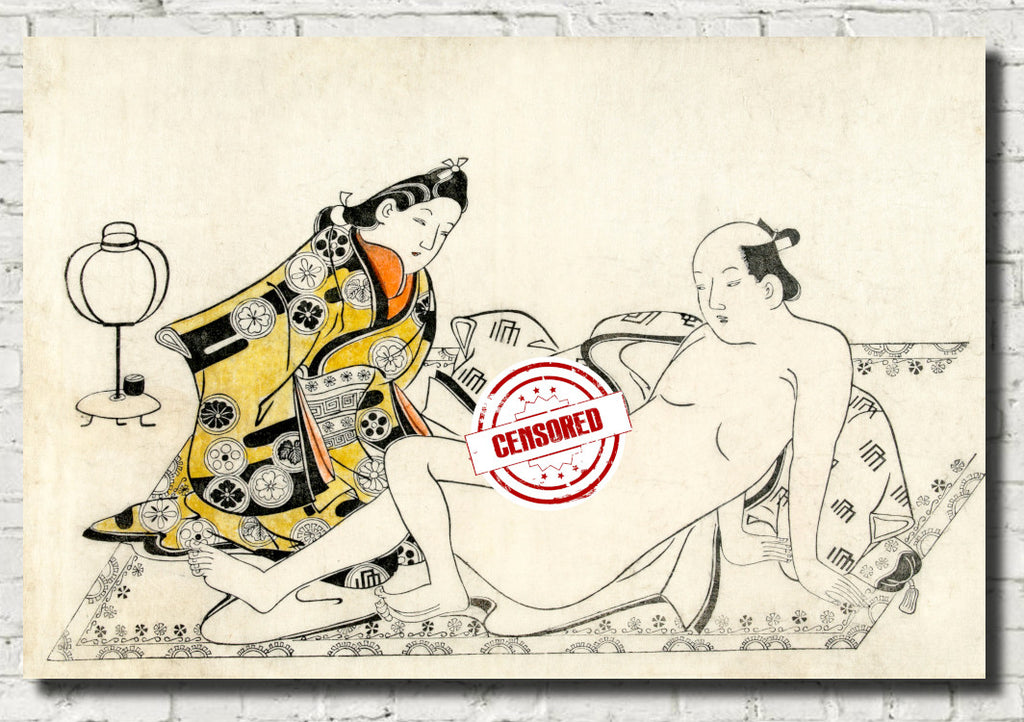 Hishikawa Moronobu Japanese Print, Young woman and naked man on rug