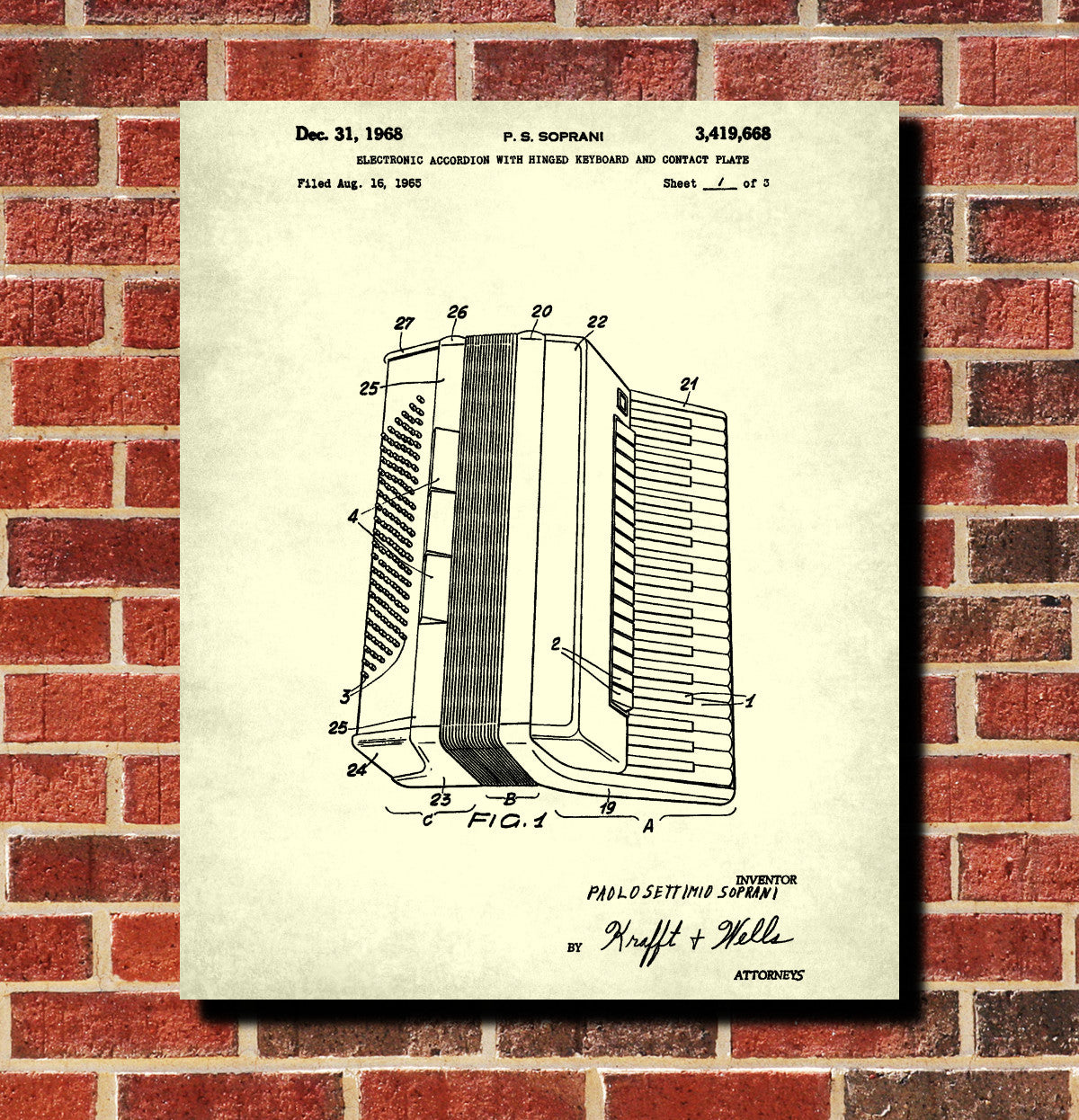 Accordian Patent Print Music Blueprint Poster