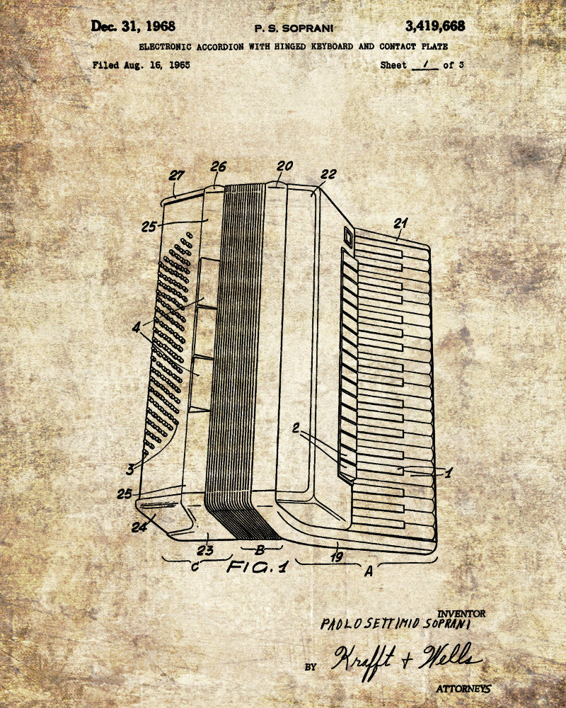 Accordian Patent Print Music Blueprint Poster