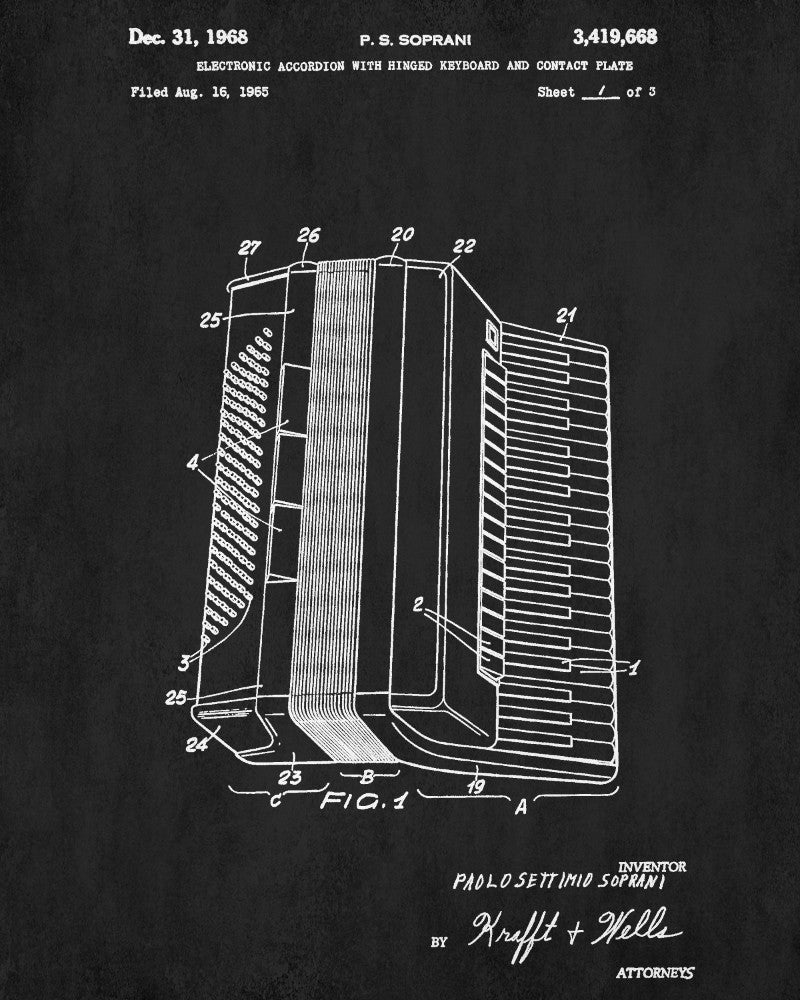 Accordian Patent Print Music Blueprint Poster