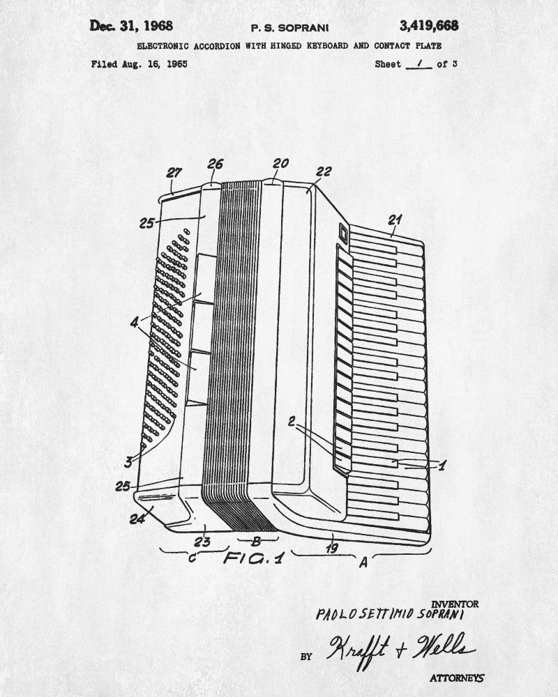 Accordian Patent Print Music Blueprint Poster
