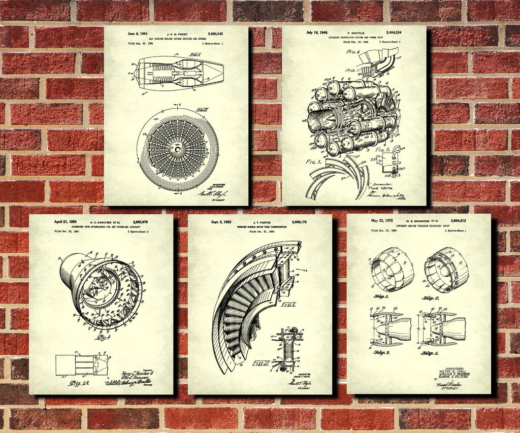 Aircraft Engine Patent Prints Set 5 Jet Engine Posters