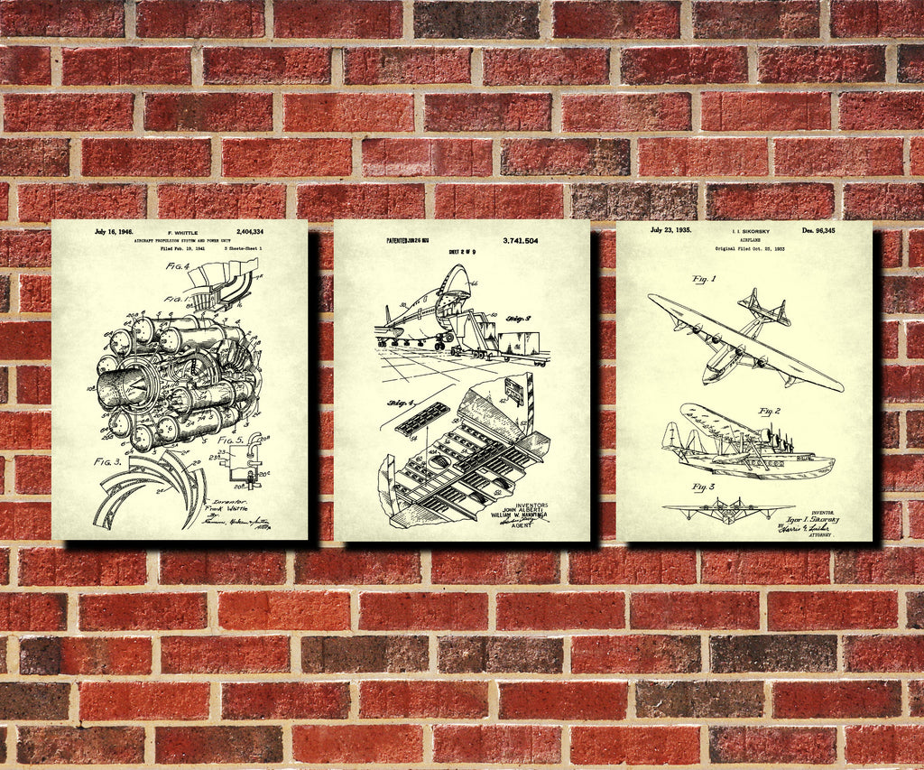Aircraft Patent Prints Set 3 Vintage Airplane Posters Pilot Gift