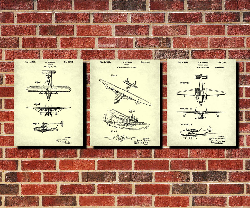 Aircraft Patent Prints Set 3 Flying Boat Seaplane Posters