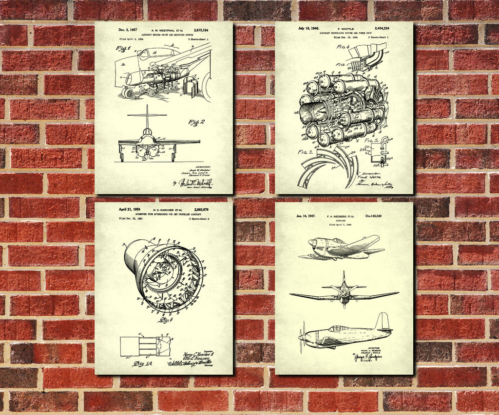 Aircraft Patent Prints Set 4 Vintage Airplane Posters Pilot Gift