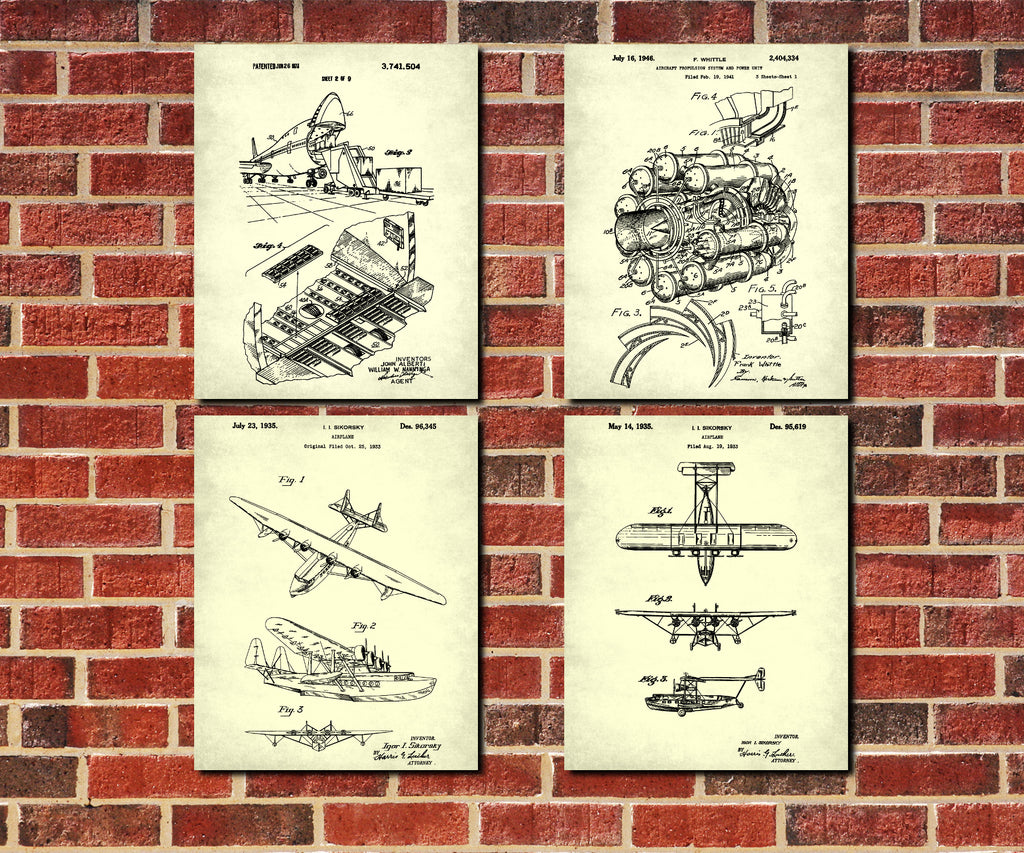 Aircraft Patent Prints Set 4 Airplane Posters Pilot Gift