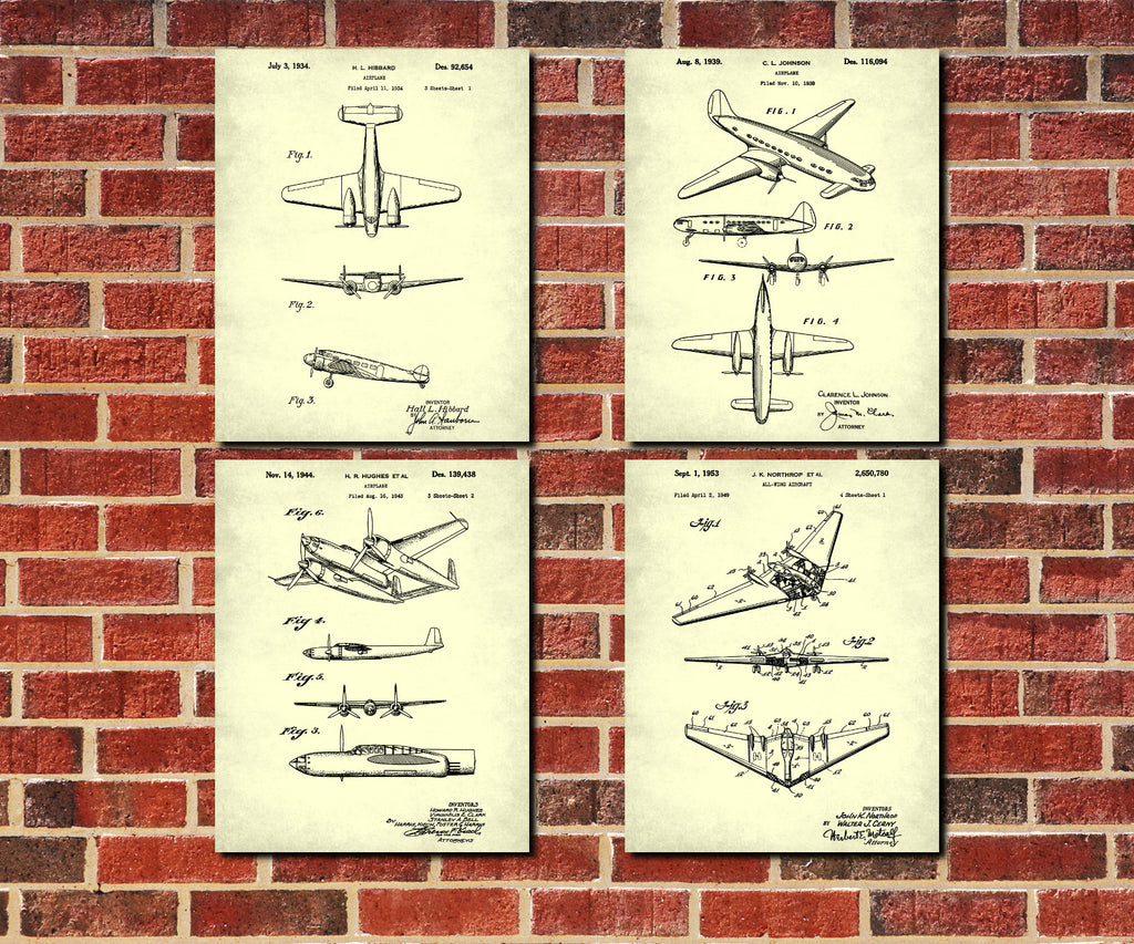 Aircraft Patent Prints Set 4 Flying Posters Pilot Gift