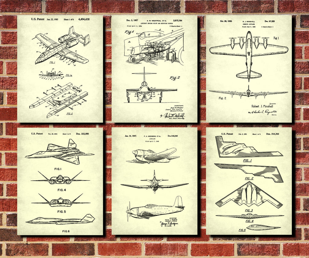Aircraft Patent Prints Set 6 Flying Posters Pilot Gift