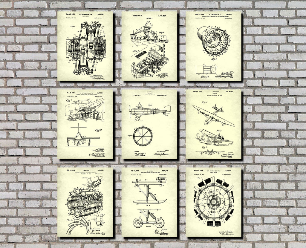 Aircraft Patent Prints Set 9 Flying Posters Pilot Gift