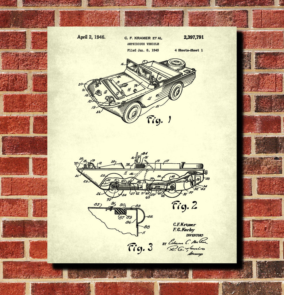 Amphibious Car Patent Print Motoring Blueprint Poster