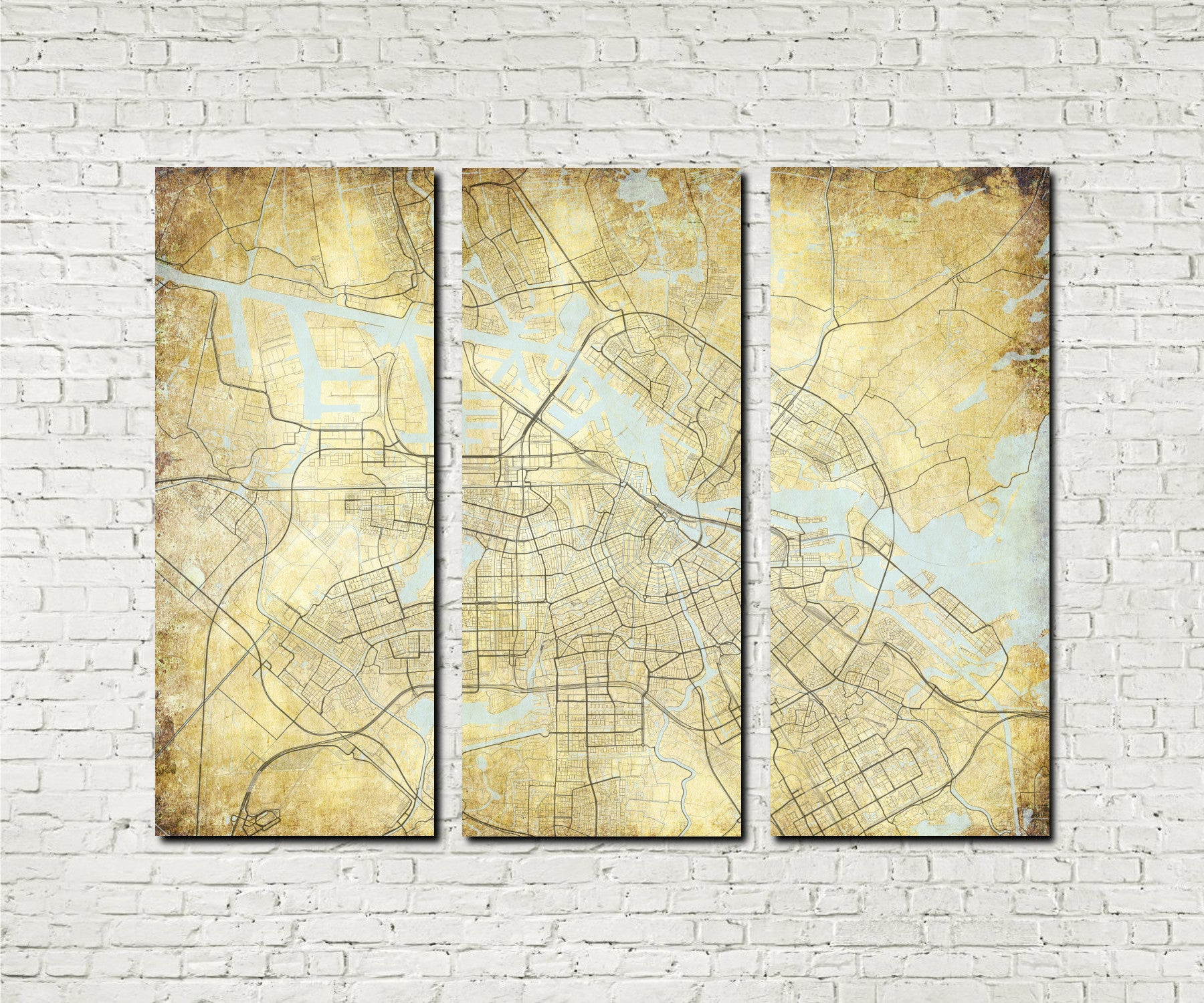 Amsterdam Street Map 3 Panel Canvas Wall Map