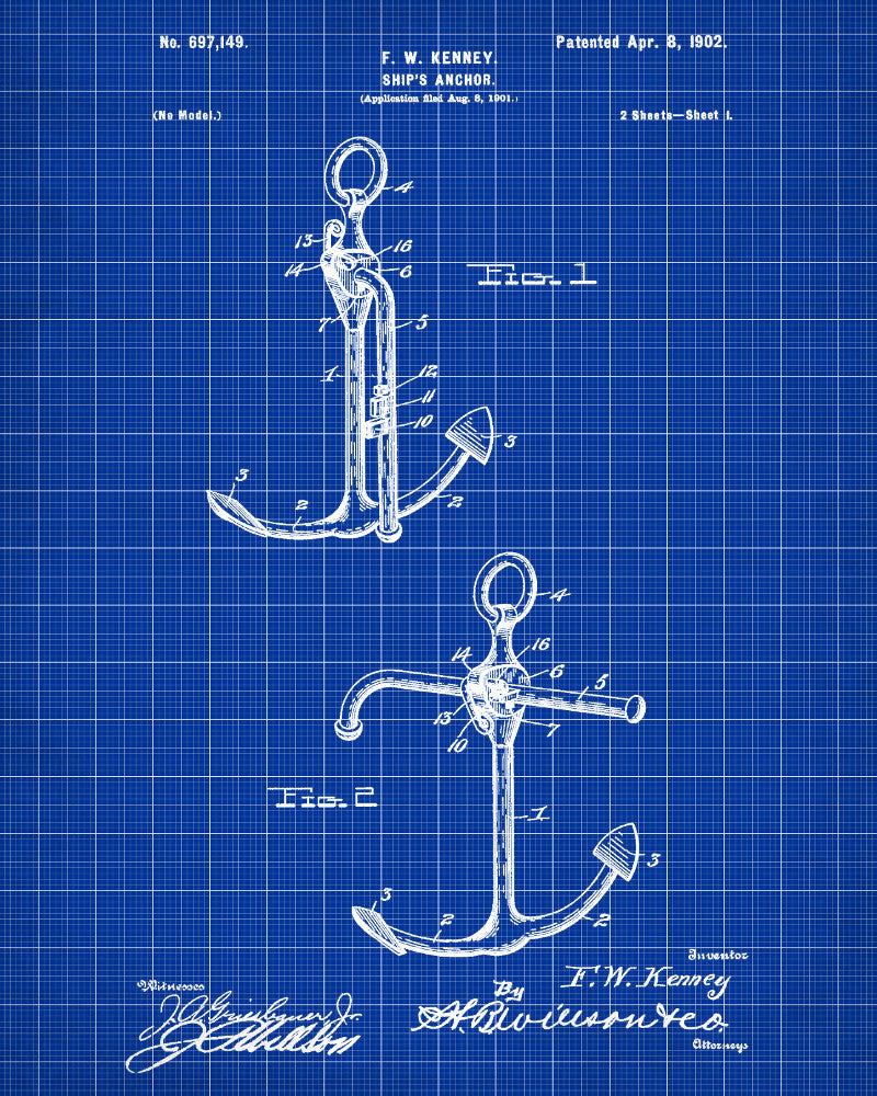 Anchor Blueprint Art Nautical Patent Print Sailing Poster - OnTrendAndFab