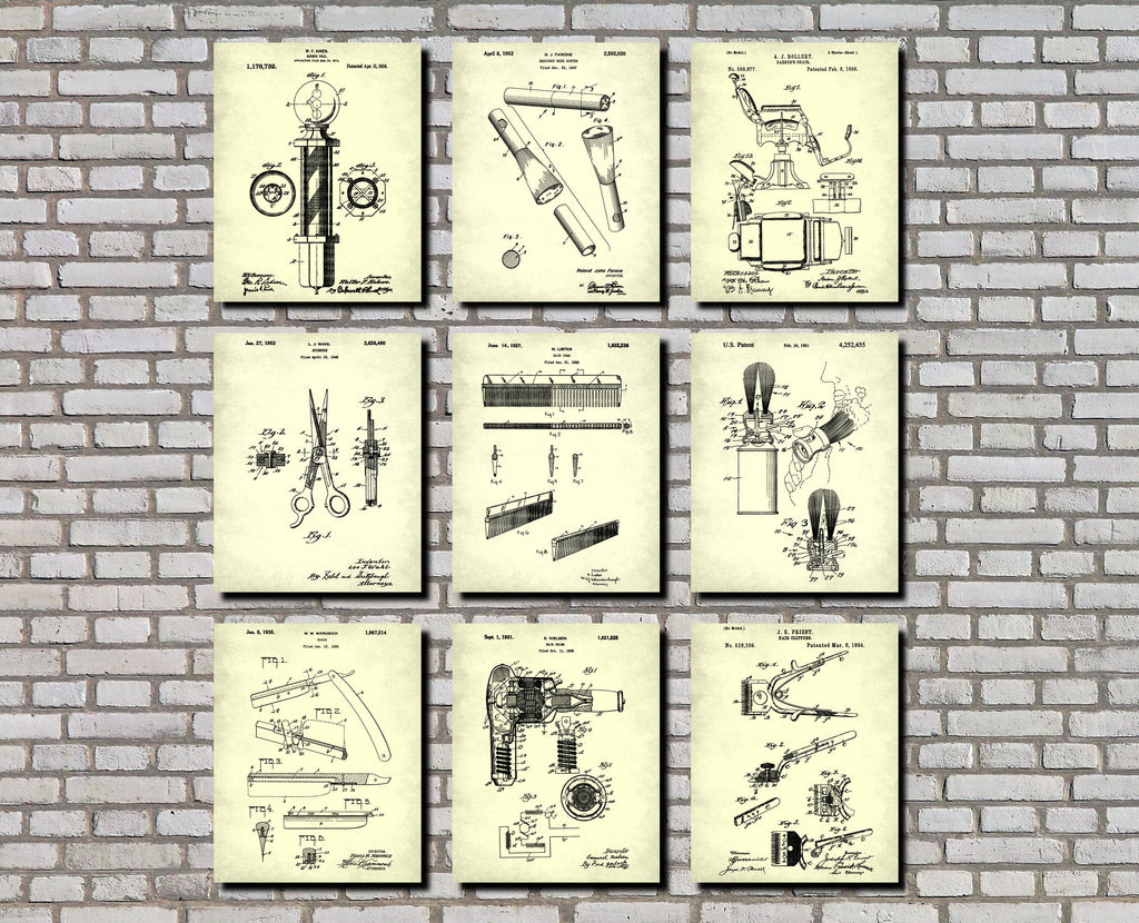 Barber Patent Prints Set 9 Barbershop Blueprints Salon Posters