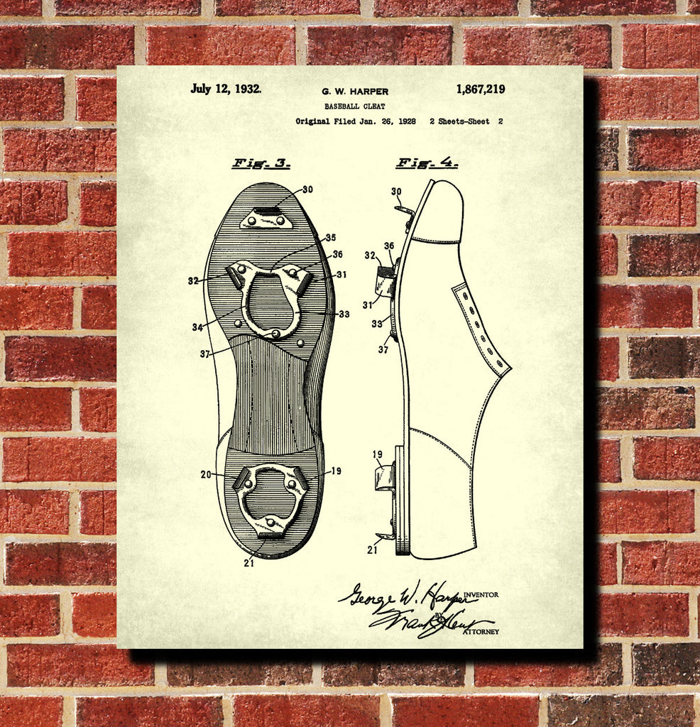Baseball Cleats Patent Print Sports Blueprint Baseball Poster