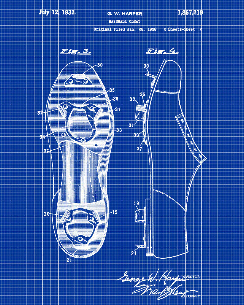 Baseball Cleats Patent Print Sports Blueprint Baseball Poster